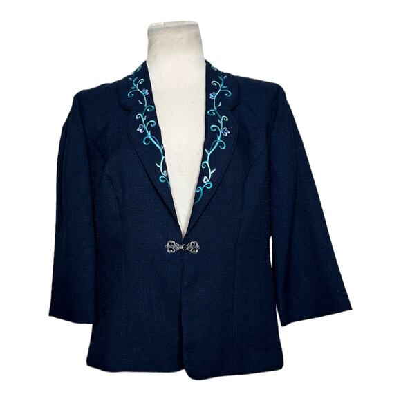 Koret blue floral embroidered lapel 3/4 sleeves blazer size 10P - Picture 1 of 9